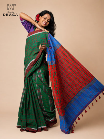 Handloom Gamcha Patchwork Saree with Decorative Tassel Pallu – Green, Red & Royal Blue | Rangila Dhaga GS150