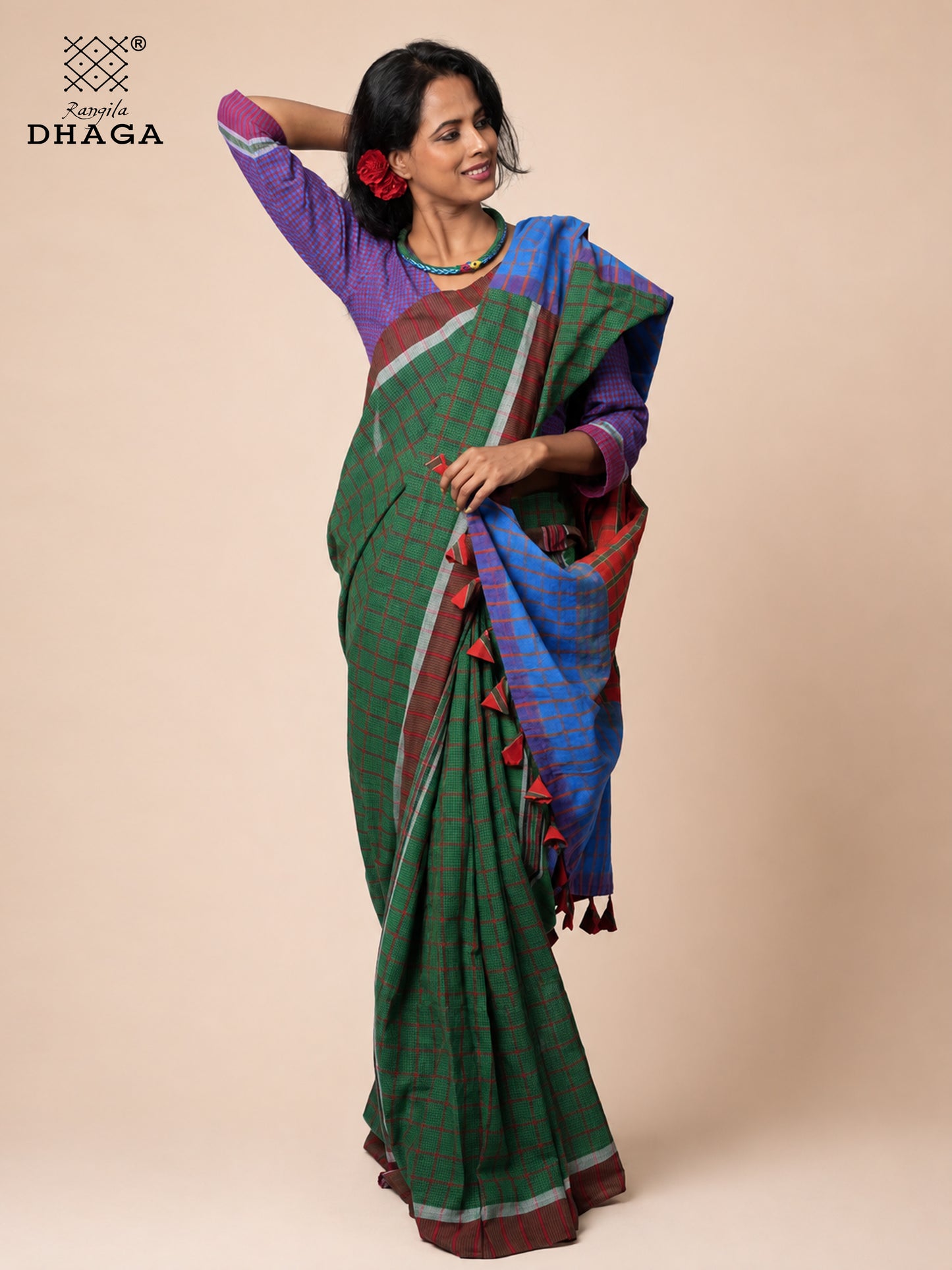 Handloom Gamcha Patchwork Saree with Decorative Tassel Pallu – Green, Red & Royal Blue | Rangila Dhaga GS150