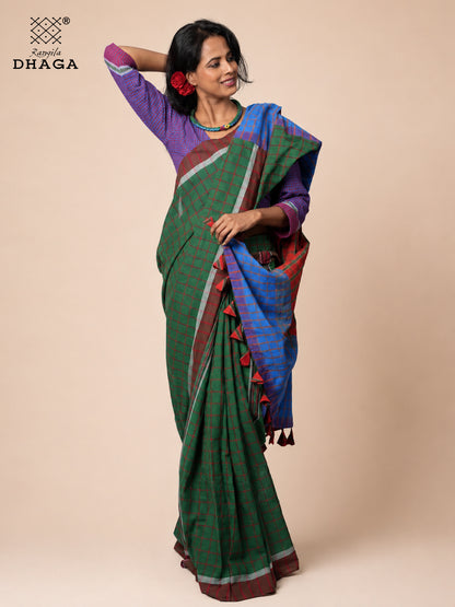 Handloom Gamcha Patchwork Saree with Decorative Tassel Pallu – Green, Red & Royal Blue | Rangila Dhaga GS150