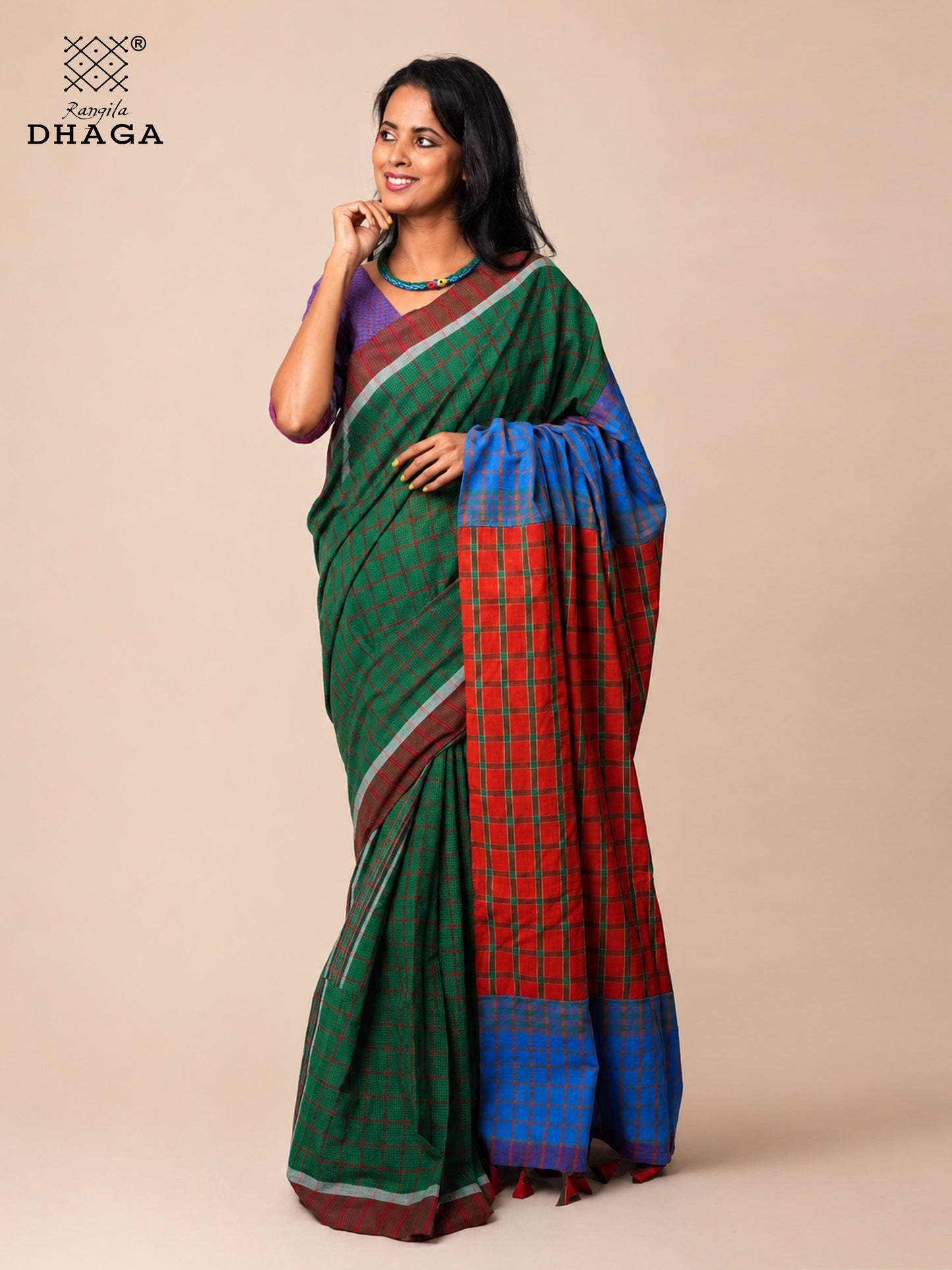 Handloom Gamcha Patchwork Saree with Decorative Tassel Pallu – Green, Red & Royal Blue | Rangila Dhaga GS150
