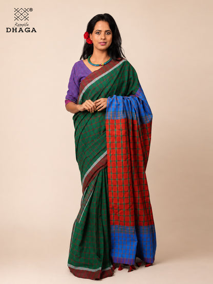 Handloom Gamcha Patchwork Saree with Decorative Tassel Pallu – Green, Red & Royal Blue | Rangila Dhaga GS150