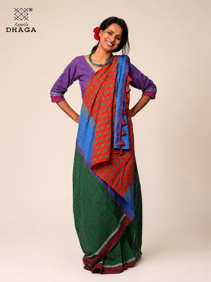 Handloom Gamcha Patchwork Saree with Decorative Tassel Pallu – Green, Red & Royal Blue | Rangila Dhaga GS150