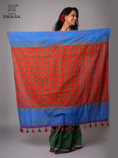 Handloom Gamcha Patchwork Saree with Decorative Tassel Pallu – Green, Red & Royal Blue | Rangila Dhaga GS150