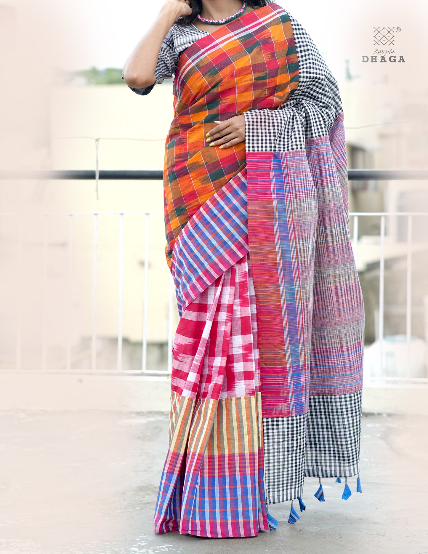 Handloom Patchwork Kotki Gamcha Saree in Multicolor Pallu with Tassels GS150