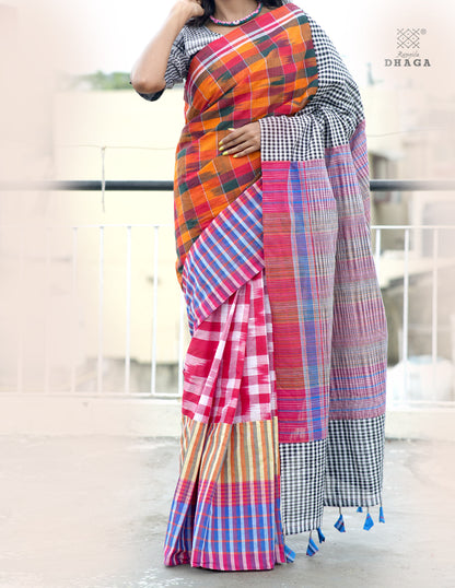Handloom Patchwork Kotki Gamcha Saree in Multicolor Pallu with Tassels GS150