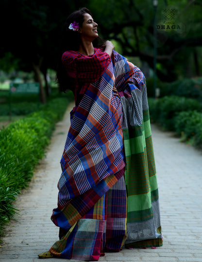 Handloom Patchwork Gamcha Saree in Multicolor Pallu with Tassels GS125