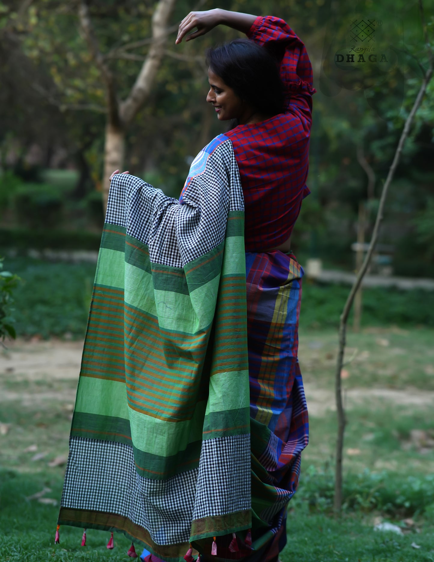 Handloom Patchwork Gamcha Saree in Multicolor Pallu with Tassels GS125