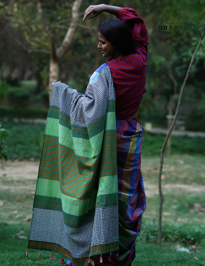 Handloom Patchwork Gamcha Saree in Multicolor Pallu with Tassels GS125