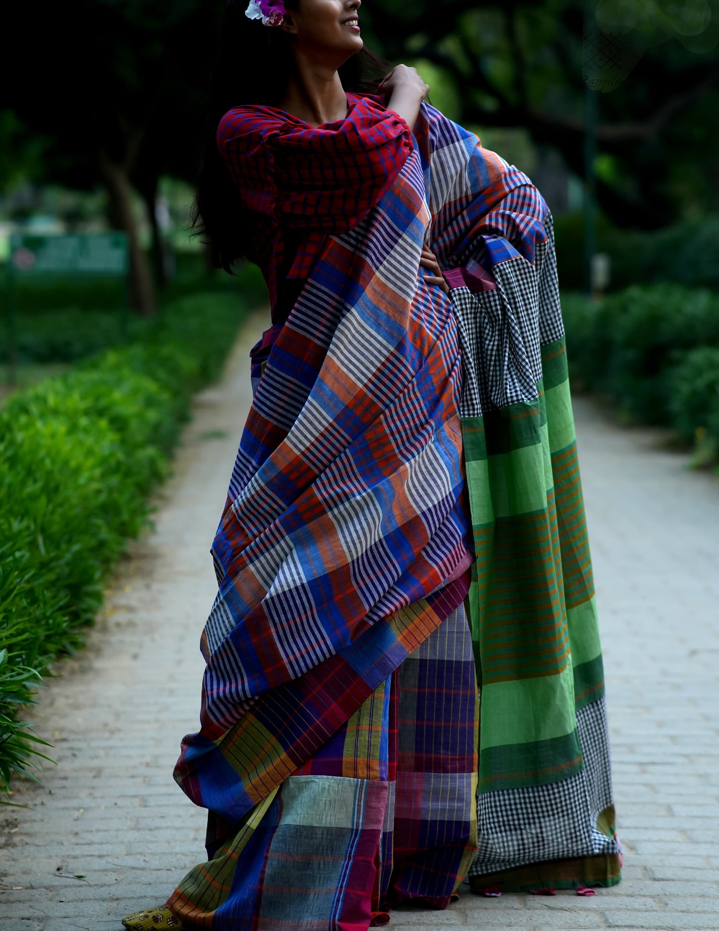 Handloom Patchwork Gamcha Saree in Multicolor Pallu with Tassels GS125