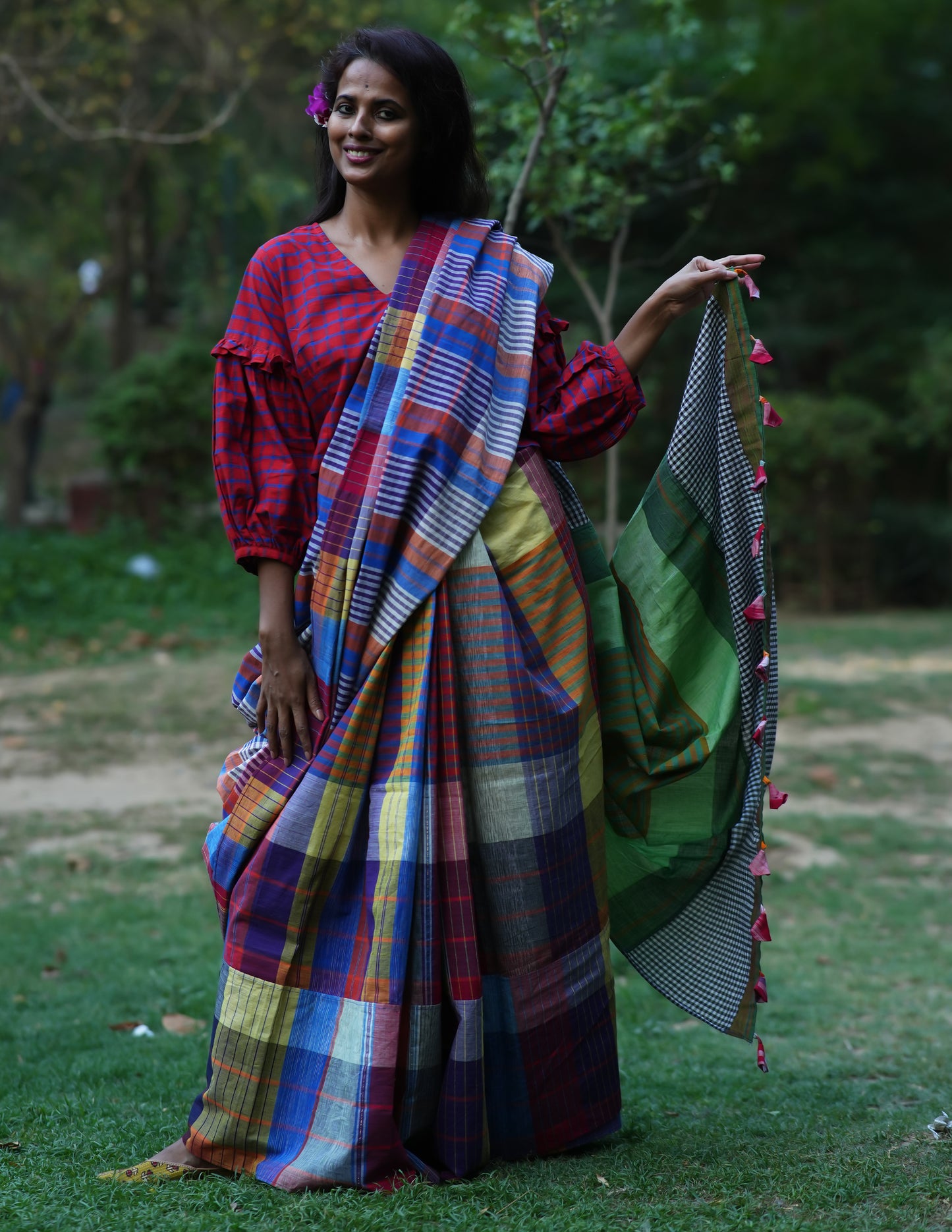 Handloom Patchwork Gamcha Saree in Multicolor Pallu with Tassels GS125