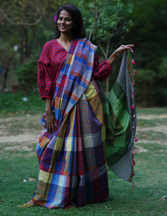 Handloom Patchwork Gamcha Saree in Multicolor Pallu with Tassels GS125