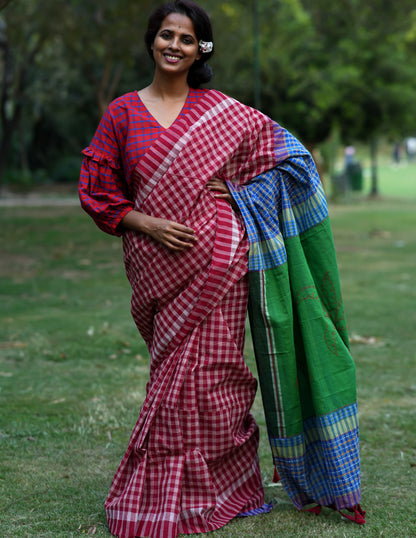 Hand Embroidered Kantha Stitch Patchwork Saree Gamcha Fashion Handloom Cotton Fabric  Blue & Red Multicolor GS113