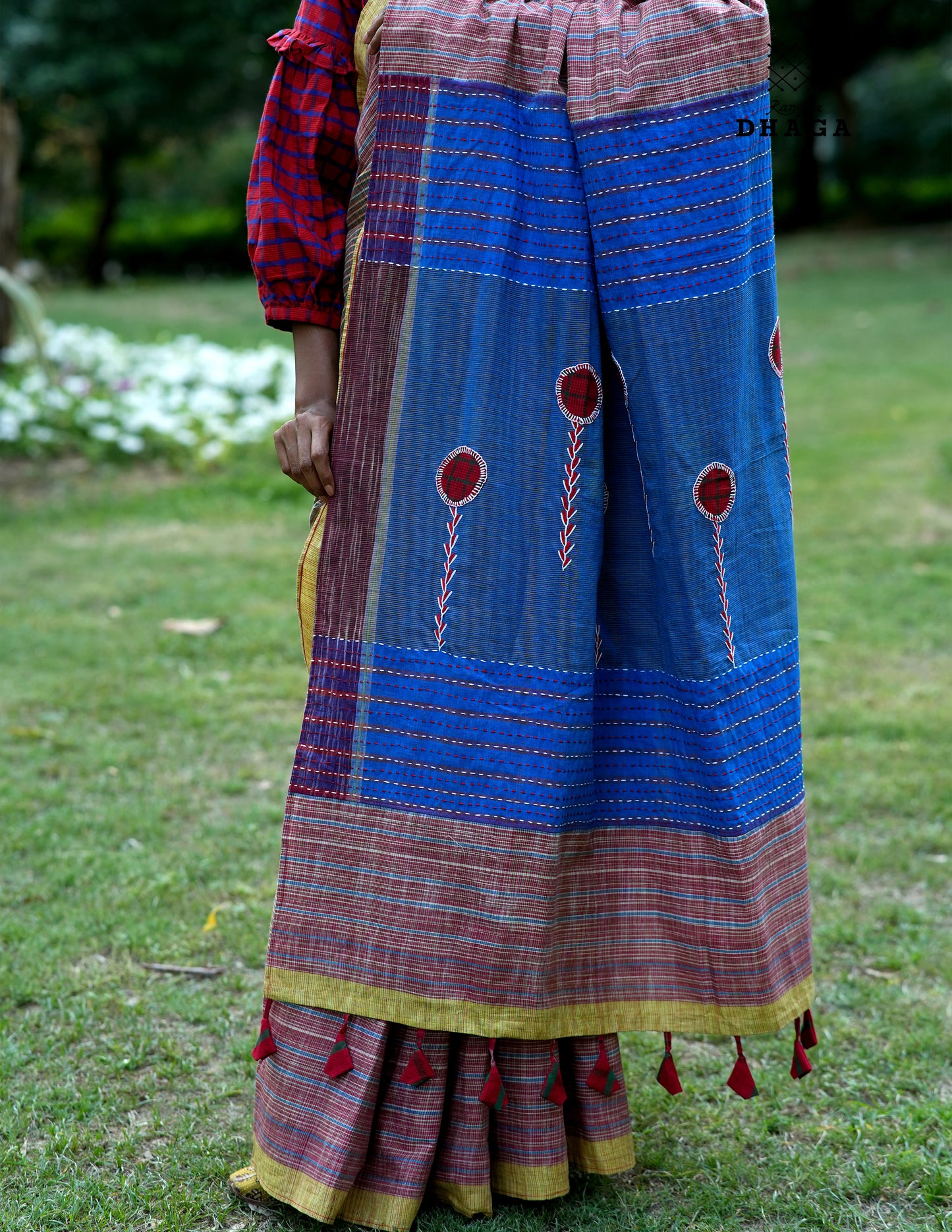 Hand Embroidered Kantha Stitch Patchwork Saree Gamcha Fashion Handloom Cotton Fabric  Blue & Red Multicolor GS110