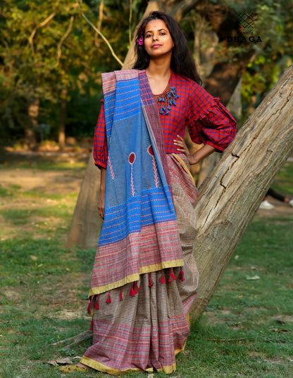 Hand Embroidered Kantha Stitch Patchwork Saree Gamcha Fashion Handloom Cotton Fabric  Blue & Red Multicolor GS110