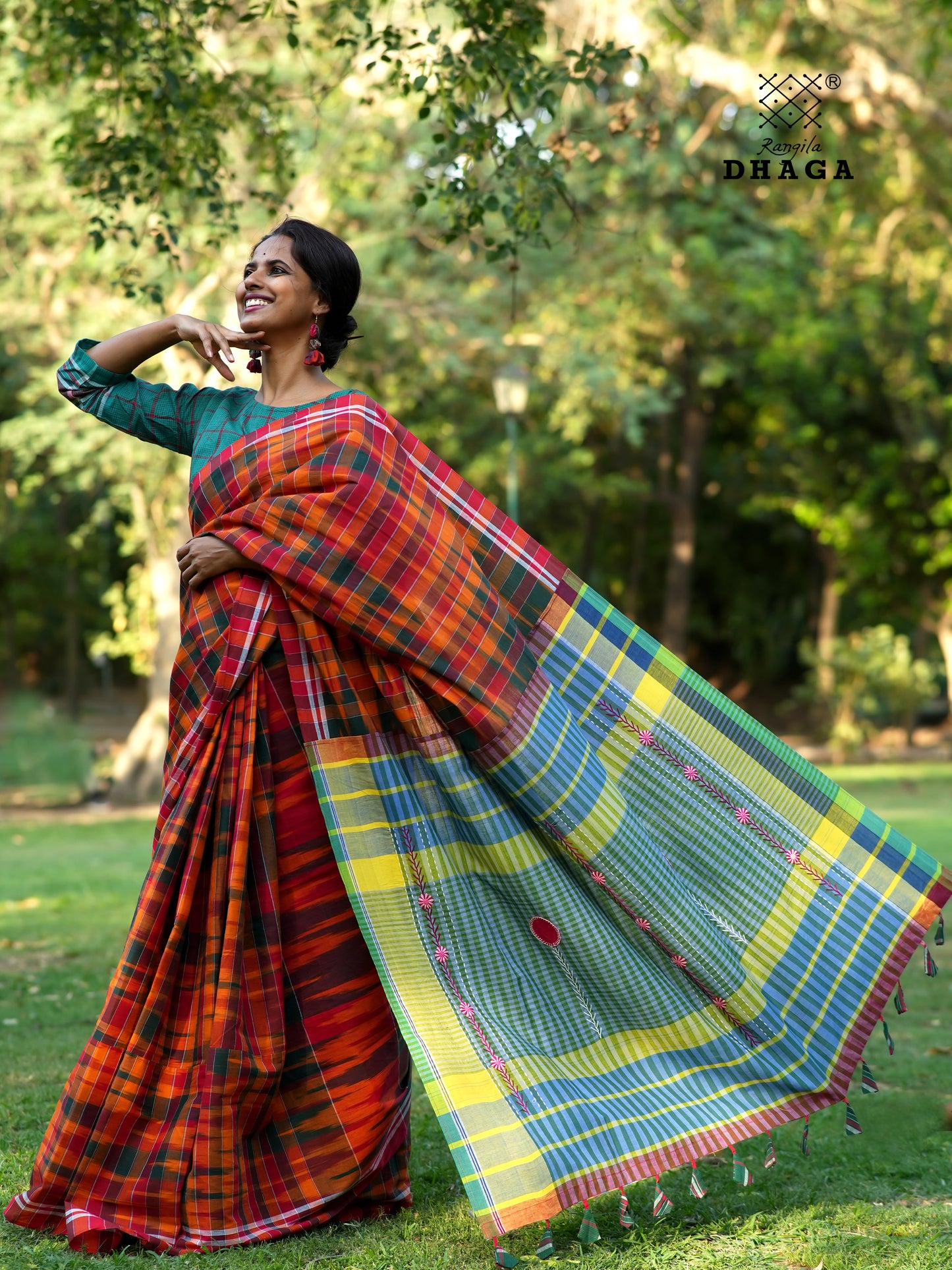 Handloom Patchwork Kotki Gamcha Saree with Hand Embroidered Pallu in Rust Orange & Sage Green GS116