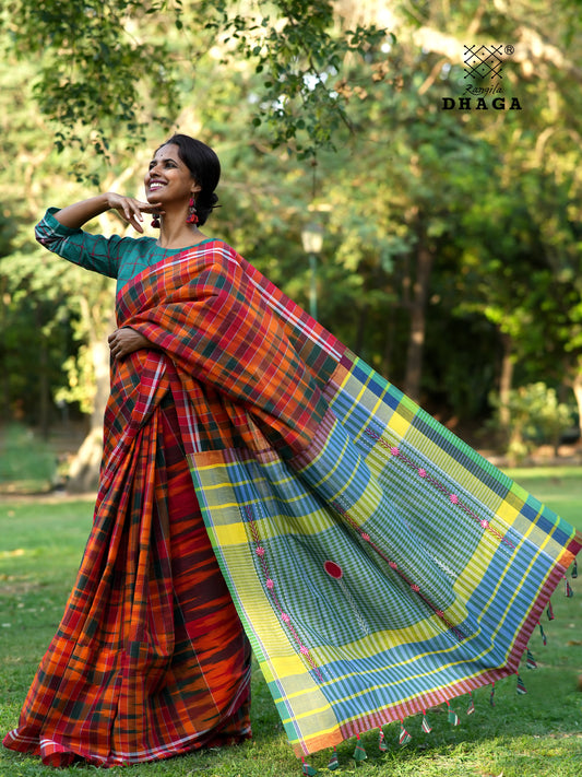 Handloom Patchwork Kotki Gamcha Saree with Hand Embroidered Pallu in Rust Orange & Sage Green GS116