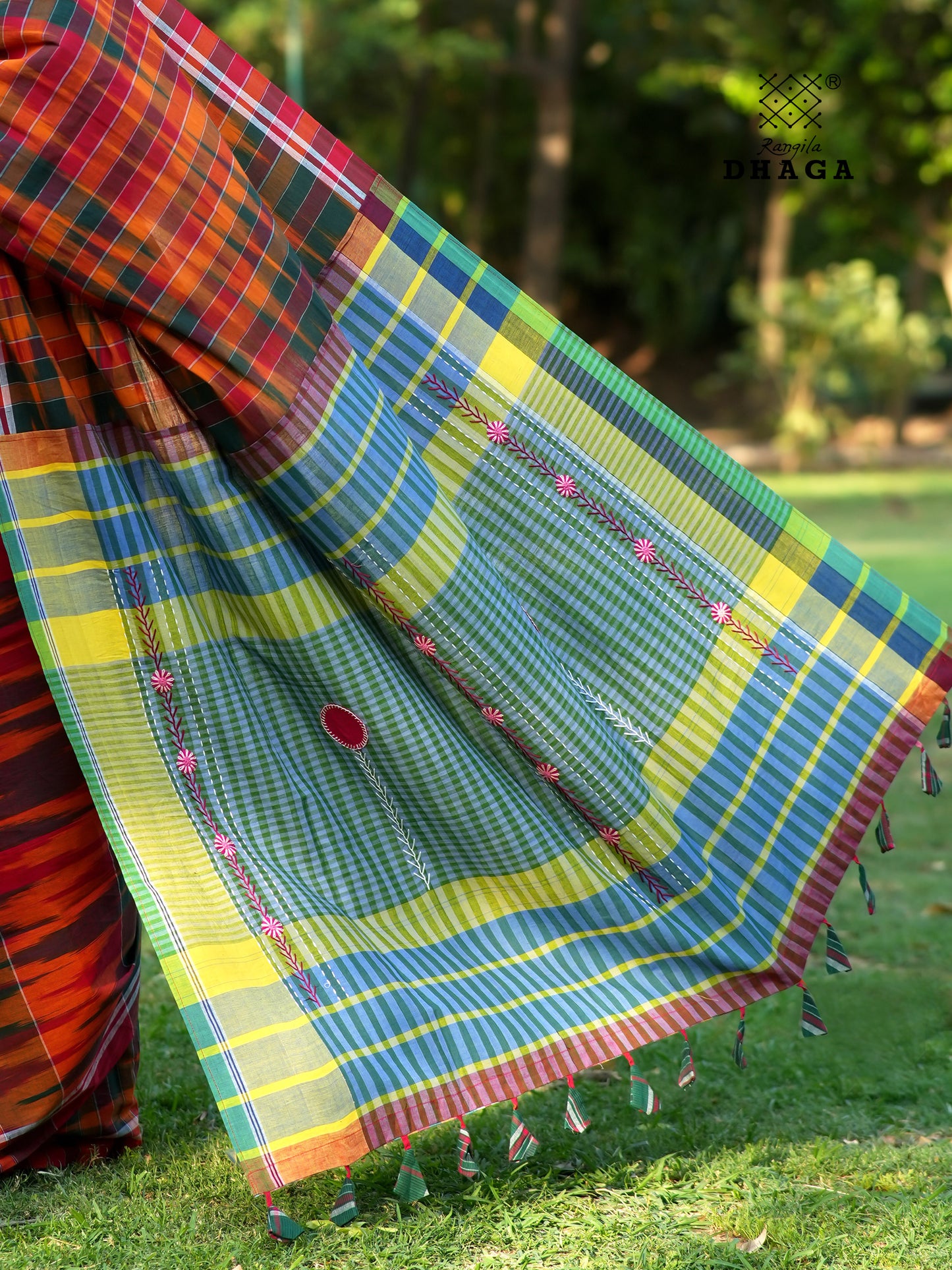 Handloom Patchwork Kotki Gamcha Saree with Hand Embroidered Pallu in Rust Orange & Sage Green GS116