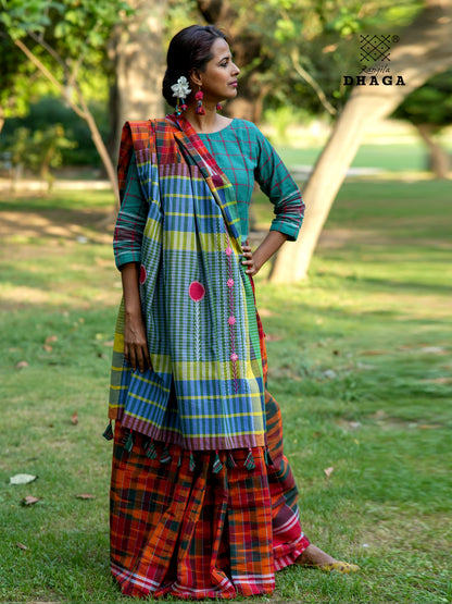 Handloom Patchwork Kotki Gamcha Saree with Hand Embroidered Pallu in Rust Orange & Sage Green GS116