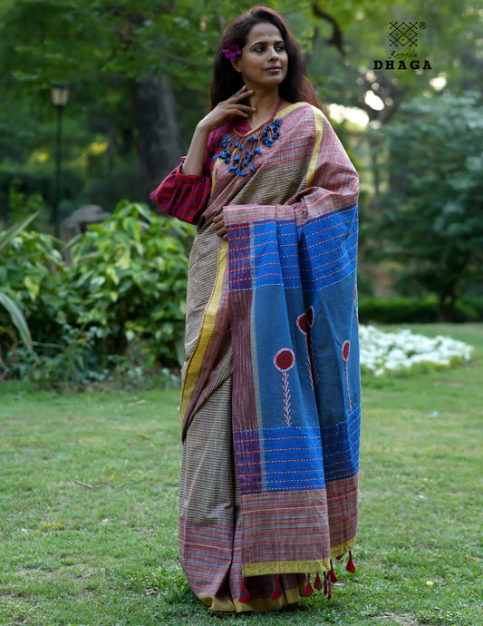 Hand Embroidered Kantha Stitch Patchwork Saree Gamcha Fashion Handloom Cotton Fabric  Blue & Red Multicolor GS110