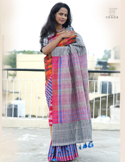Handloom Patchwork Kotki Gamcha Saree in Multicolor Pallu with Tassels GS150