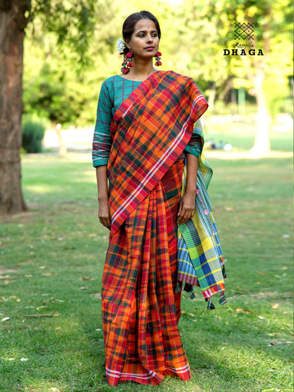Handloom Patchwork Kotki Gamcha Saree with Hand Embroidered Pallu in Rust Orange & Sage Green GS116