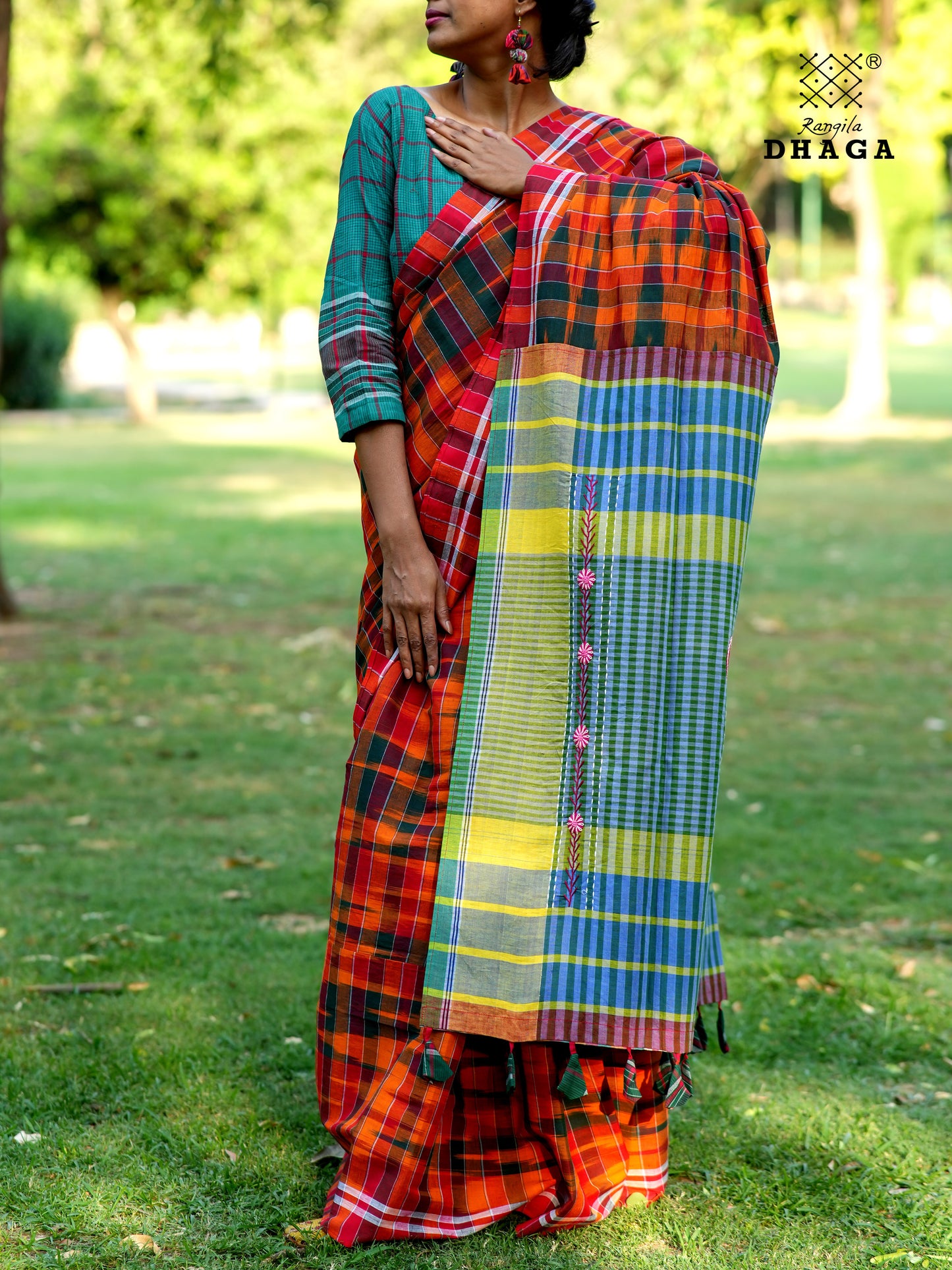 Handloom Patchwork Kotki Gamcha Saree with Hand Embroidered Pallu in Rust Orange & Sage Green GS116