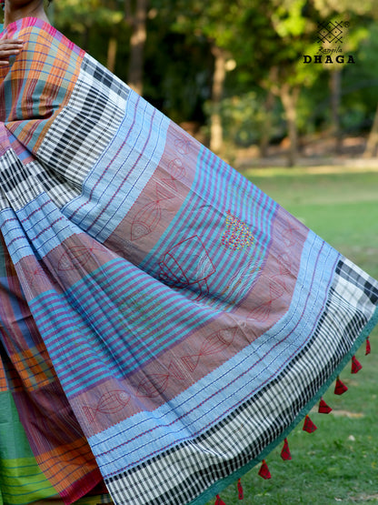 Handloom  Gamcha Saree with Hand Embroidered Fish Pallu in Earth Brown & Blue GS119