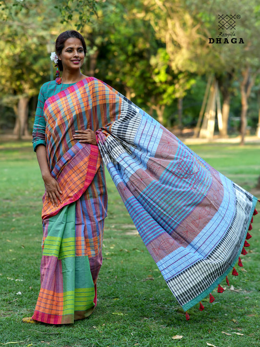 Handloom  Gamcha Saree with Hand Embroidered Fish Pallu in Earth Brown & Blue GS119