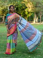 Handloom  Gamcha Saree with Hand Embroidered Fish Pallu in Earth Brown & Blue GS119