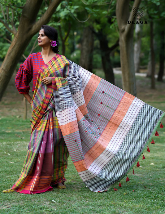 Handloom  Gamcha Saree with Hand Embroidered Fish Pallu in Earth Brown & Violet  GS118
