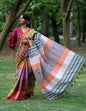 Handloom  Gamcha Saree with Hand Embroidered Fish Pallu in Earth Brown & Violet  GS118