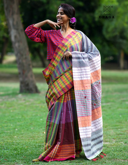 Handloom  Gamcha Saree with Hand Embroidered Fish Pallu in Earth Brown & Violet  GS118