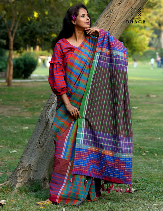Hand Embroidered Kantha Stitch Patchwork Saree Gamcha Fashion Handloom Cotton Fabric  Blue & Red Multicolor GS111