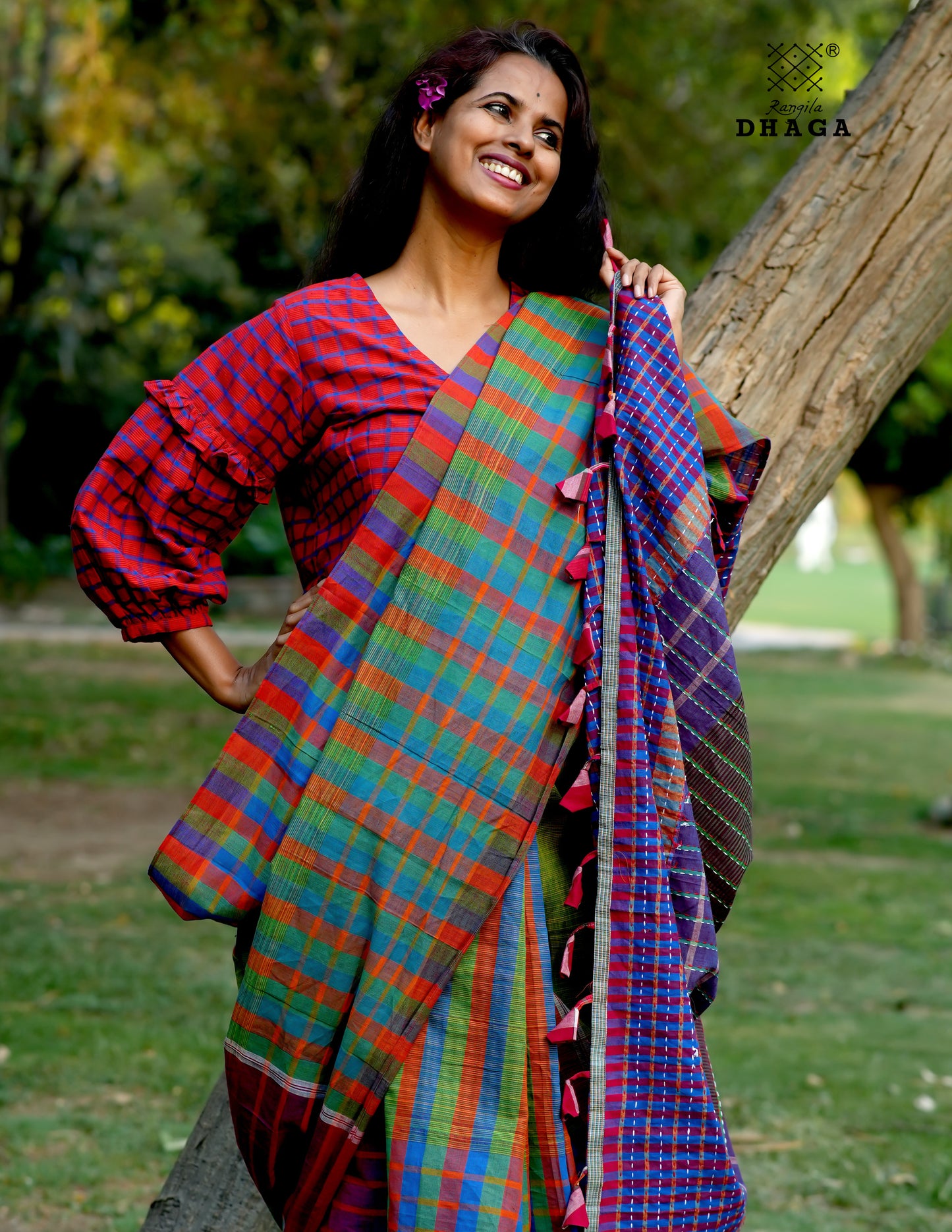 Hand Embroidered Kantha Stitch Patchwork Saree Gamcha Fashion Handloom Cotton Fabric  Blue & Red Multicolor GS111