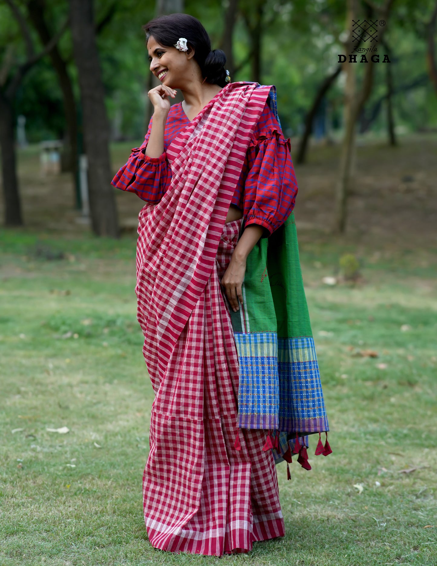 Hand Embroidered Kantha Stitch Patchwork Saree Gamcha Fashion Handloom Cotton Fabric  Blue & Red Multicolor GS113