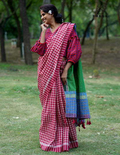 Hand Embroidered Kantha Stitch Patchwork Saree Gamcha Fashion Handloom Cotton Fabric  Blue & Red Multicolor GS113