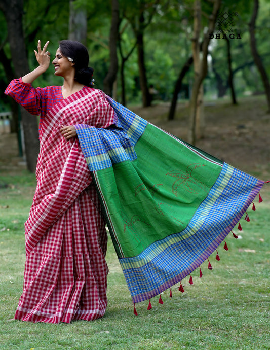 Hand Embroidered Kantha Stitch Patchwork Saree Gamcha Fashion Handloom Cotton Fabric  Blue & Red Multicolor GS113