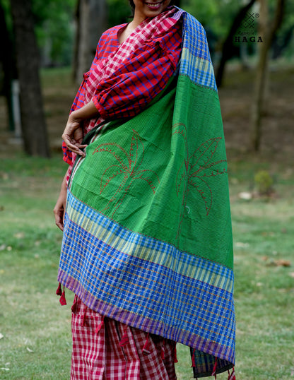 Hand Embroidered Kantha Stitch Patchwork Saree Gamcha Fashion Handloom Cotton Fabric  Blue & Red Multicolor GS113