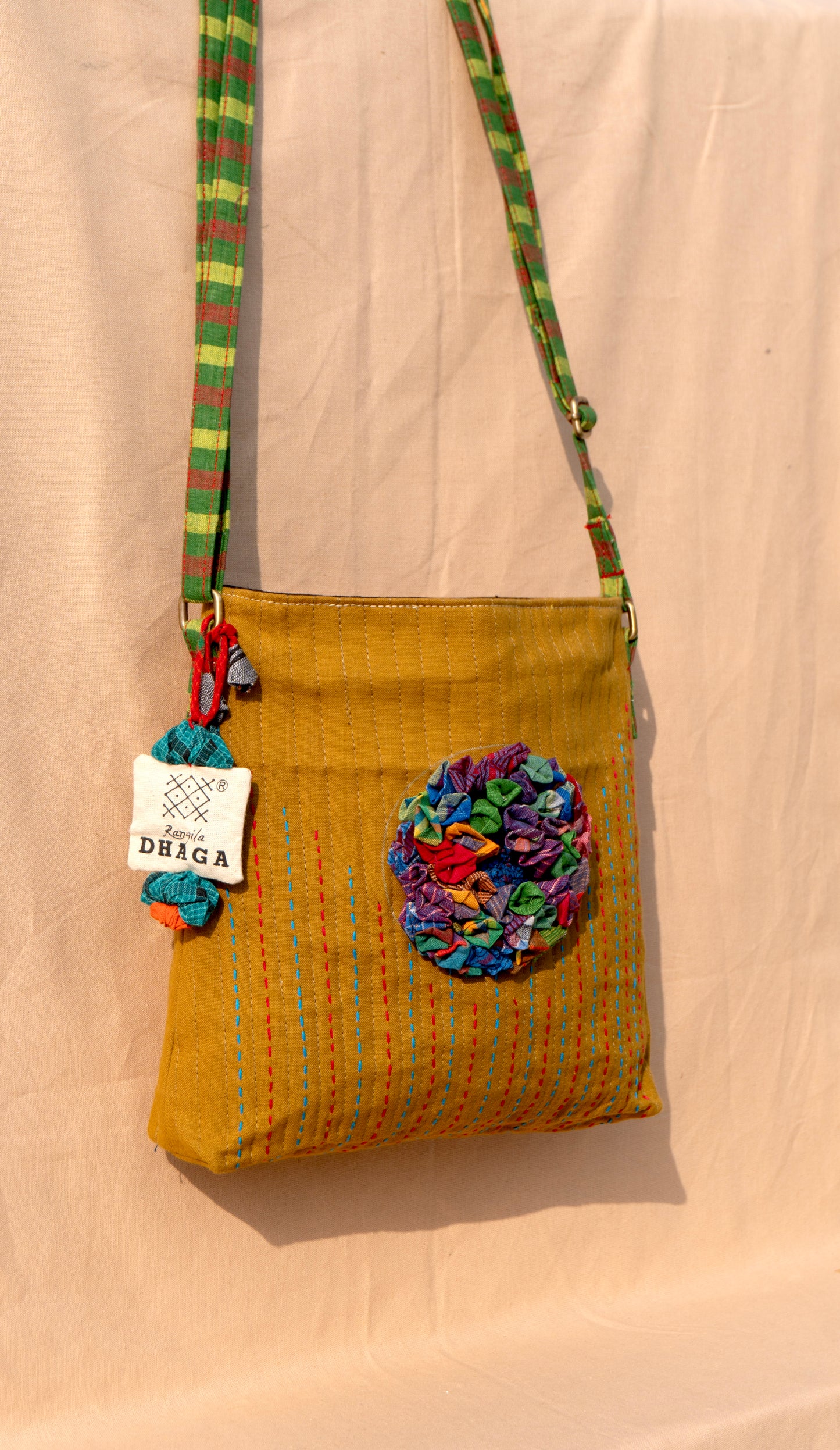 Handcrafted Gamcha Sling Bag in Mustard Yellow with Multicolor Fabric Flower | Rangila Dhaga  SL25