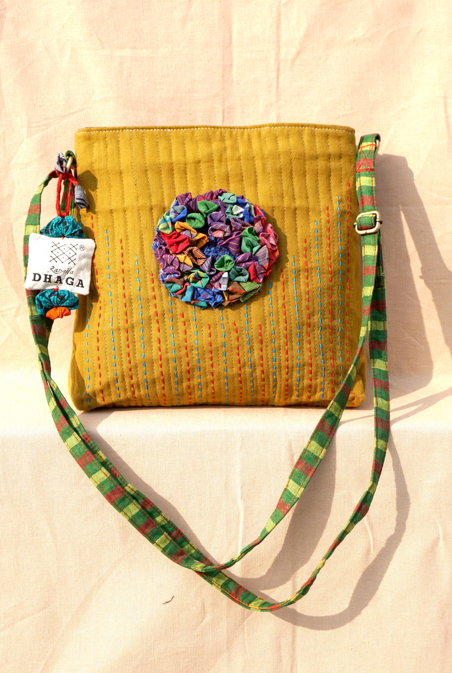 Handcrafted Gamcha Sling Bag in Mustard Yellow with Multicolor Fabric Flower | Rangila Dhaga  SL25