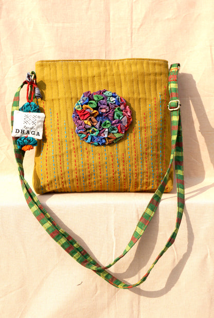 Handcrafted Gamcha Sling Bag in Mustard Yellow with Multicolor Fabric Flower | Rangila Dhaga  SL25