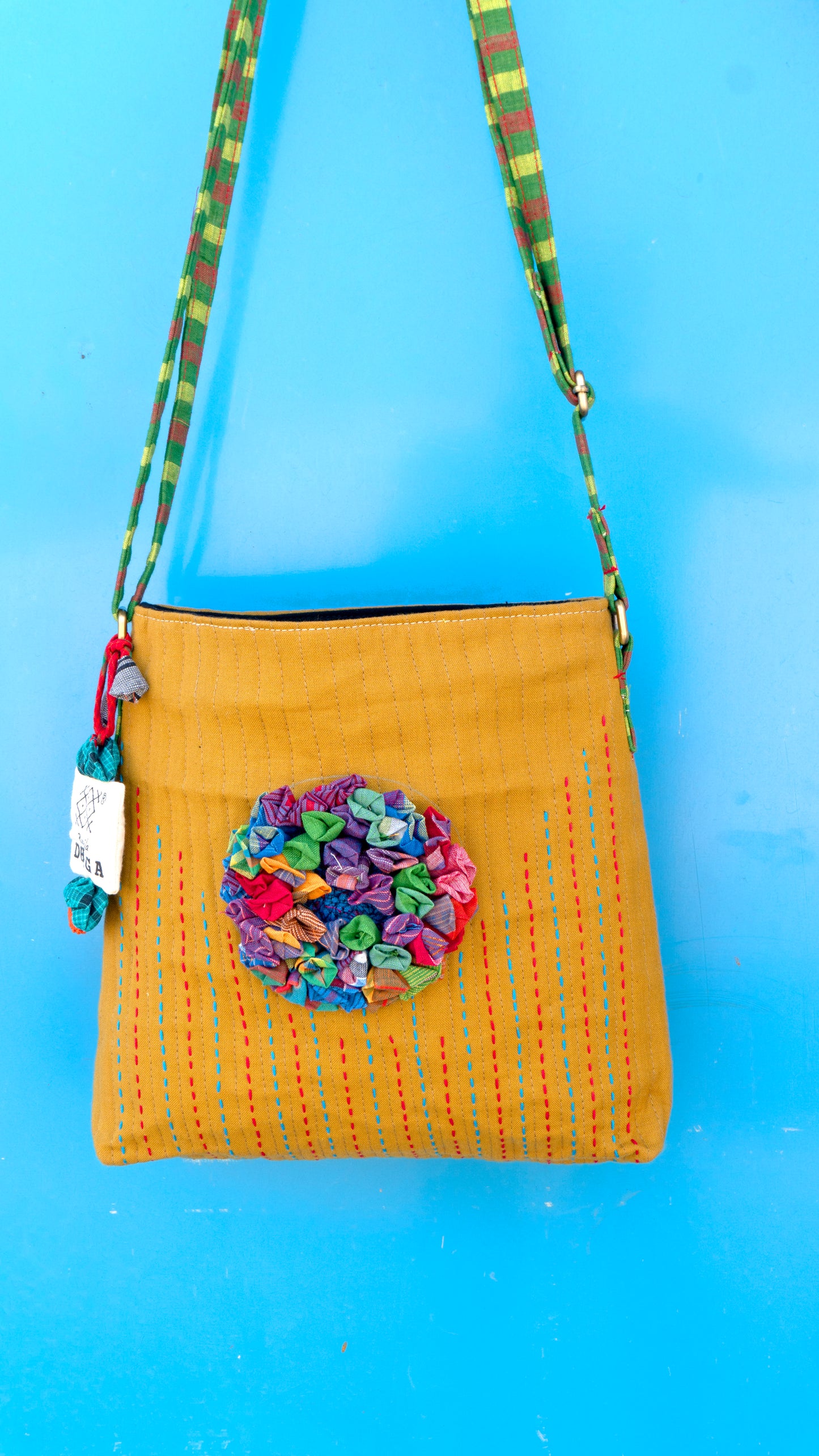 Handcrafted Gamcha Sling Bag in Mustard Yellow with Multicolor Fabric Flower | Rangila Dhaga  SL25
