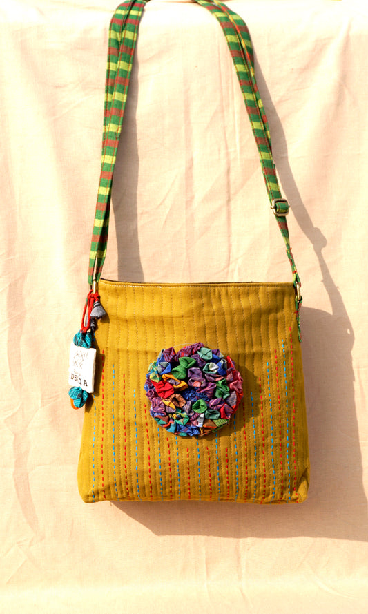 Handcrafted Gamcha Sling Bag in Mustard Yellow with Multicolor Fabric Flower | Rangila Dhaga  SL25