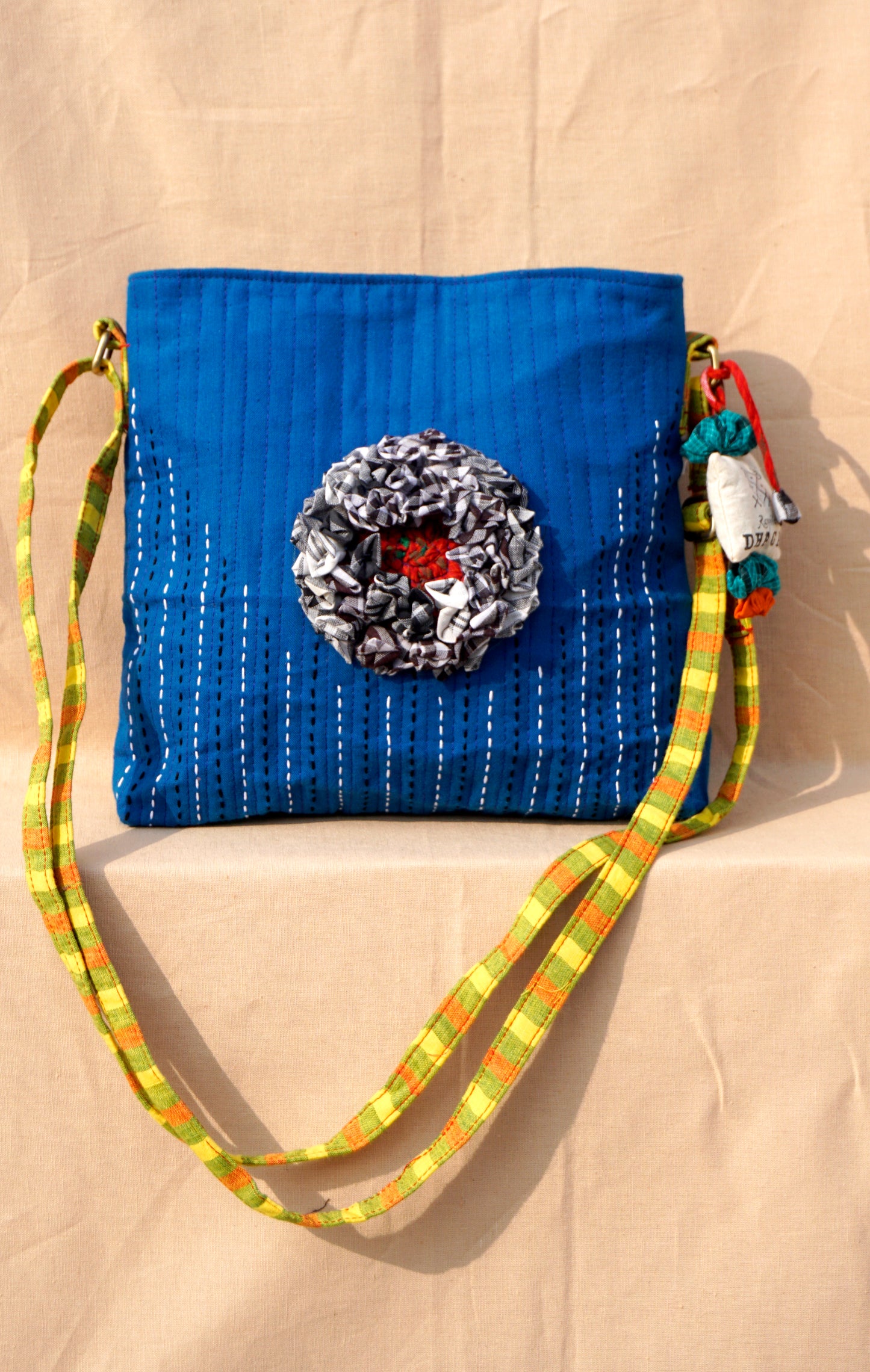 Handcrafted Gamcha Sling Bag in Blue with Multicolor Fabric Flower | Rangila Dhaga  SL26