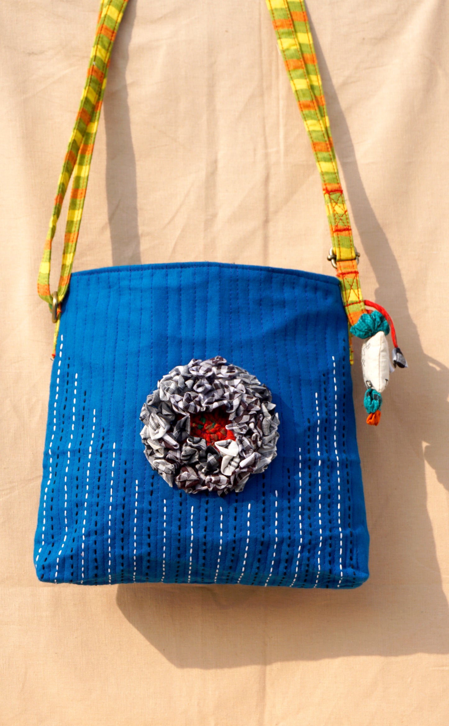 Handcrafted Gamcha Sling Bag in Blue with Multicolor Fabric Flower | Rangila Dhaga  SL26