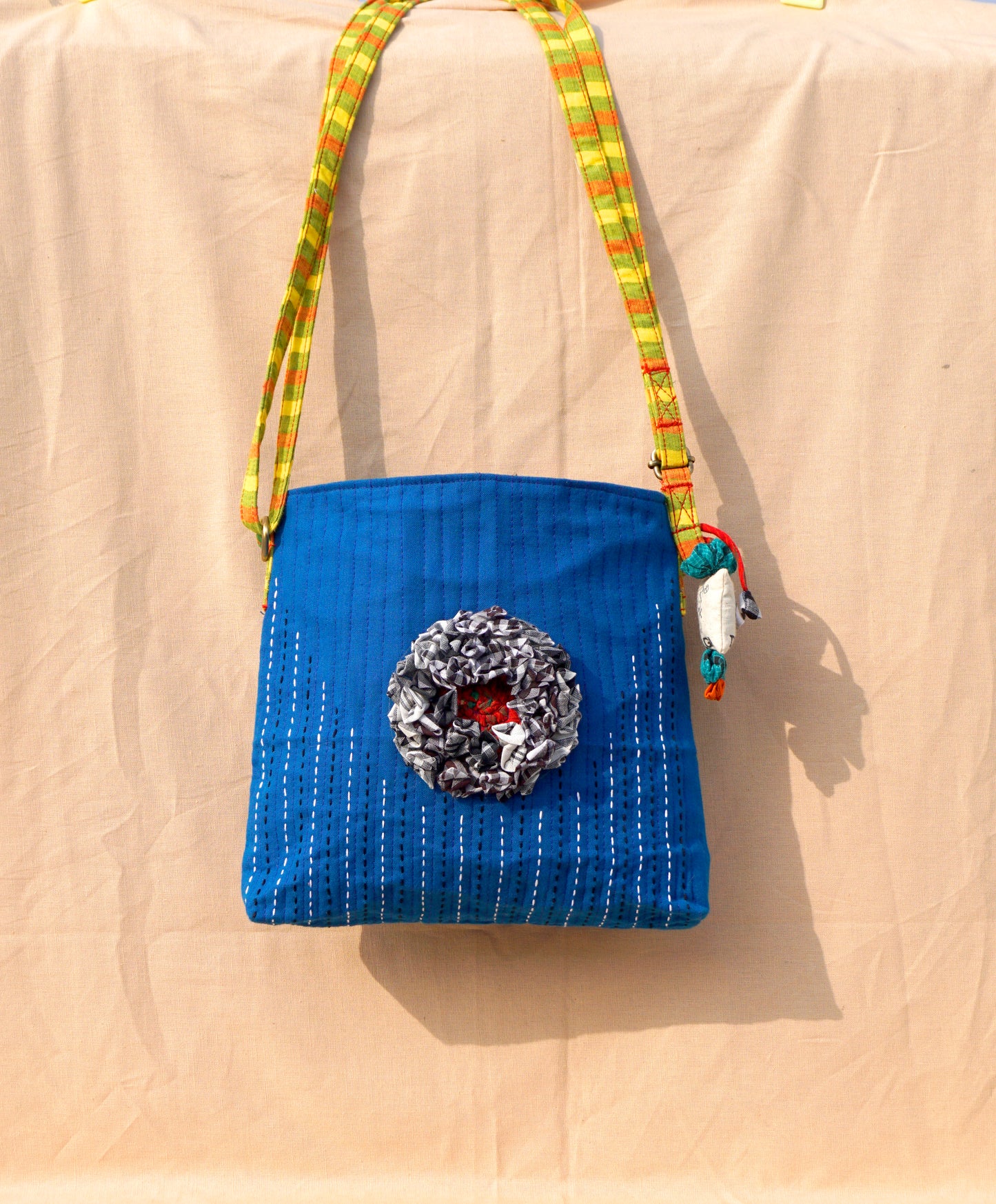 Handcrafted Gamcha Sling Bag in Blue with Multicolor Fabric Flower | Rangila Dhaga  SL26
