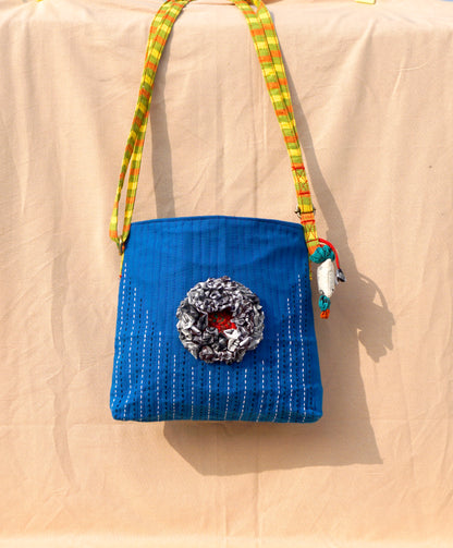 Handcrafted Gamcha Sling Bag in Blue with Multicolor Fabric Flower | Rangila Dhaga  SL26