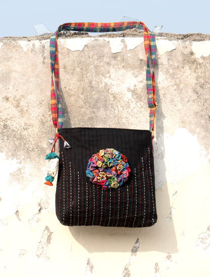 Handcrafted Gamcha Sling Bag in Black with Multicolor Fabric Flower | Rangila Dhaga  SL27