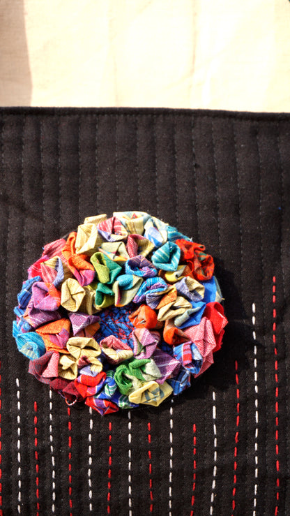 Handcrafted Gamcha Sling Bag in Black with Multicolor Fabric Flower | Rangila Dhaga  SL27