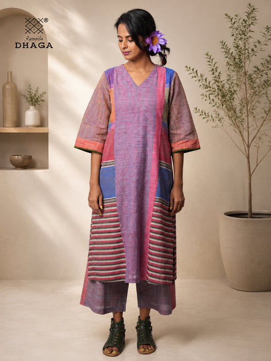 Handloom Gamcha Patchwork Kurti | V-Neck | 3/4 Sleeves | Side Pockets | Signature Design by Rangila Dhaga Kurti10